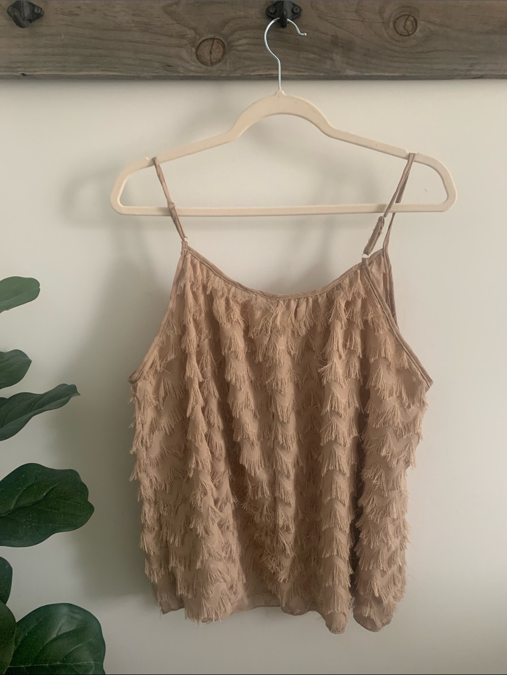 SHEIN Tan Fringe Textured Spaghetti Strap Cami